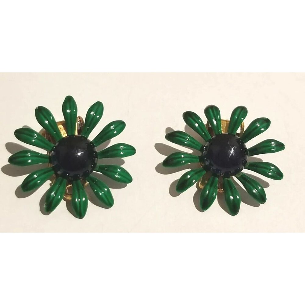 **Vintage NOS Flower Green Blue Enamel Earrings**
